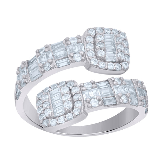 Sterling Silver Women's Baguette Round Cubic-Zirconia Bypass Fashion Bridal Anniversary Wedding Engagement Band Ring