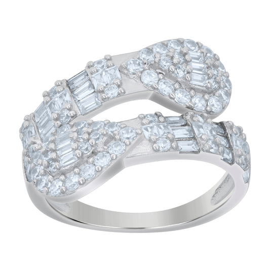 Sterling Silver Women's Baguette Round Cubic-Zirconia Bypass Fashion Bridal Anniversary Wedding Engagement Band Ring