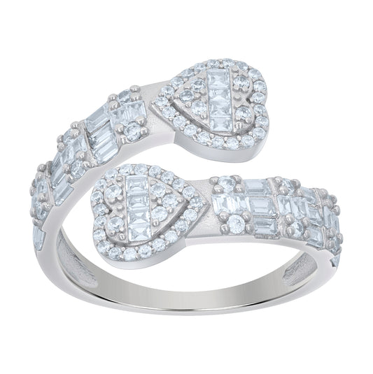 Sterling Silver Womens Baguette Round Cubic-Zirconia Heart Bypass Fashion Bridal Anniversary Wedding Engagement Band Ring