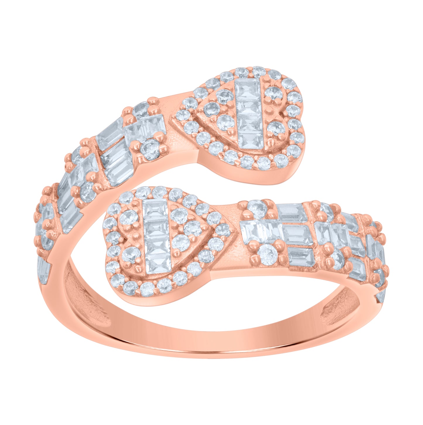 Sterling Silver Rose-Tone Womens Cubic-Zirconia Heart Bypass Fashion Bridal Anniversary Wedding Engagement Band Ring