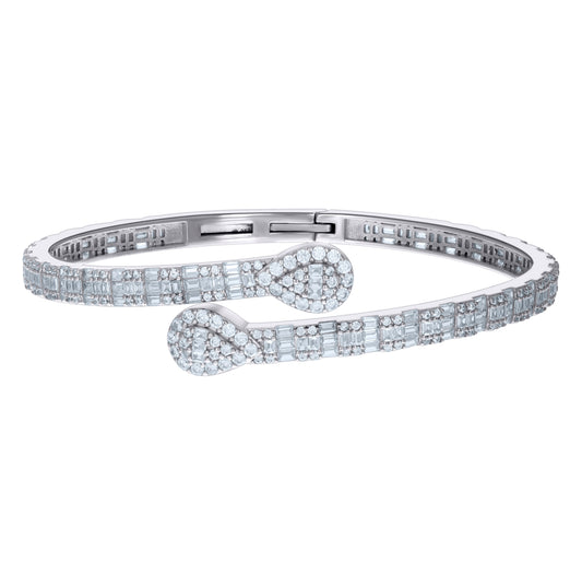 Sterling Silver Womens Baguette Round Cubic-Zirconia Teardrop Fashion Bangle Bracelet