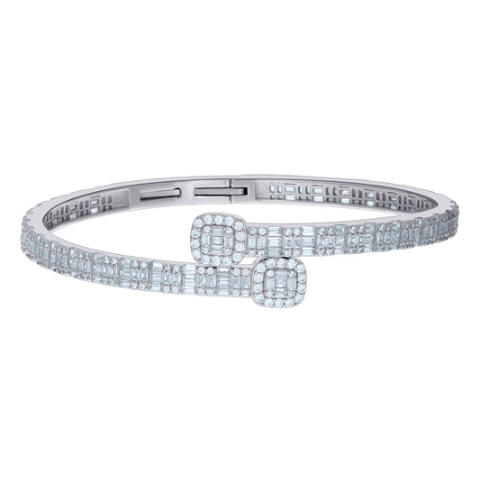 Sterling Silver Womens Baguette Round Cubic-Zirconia Fashion Bangle Bracelet