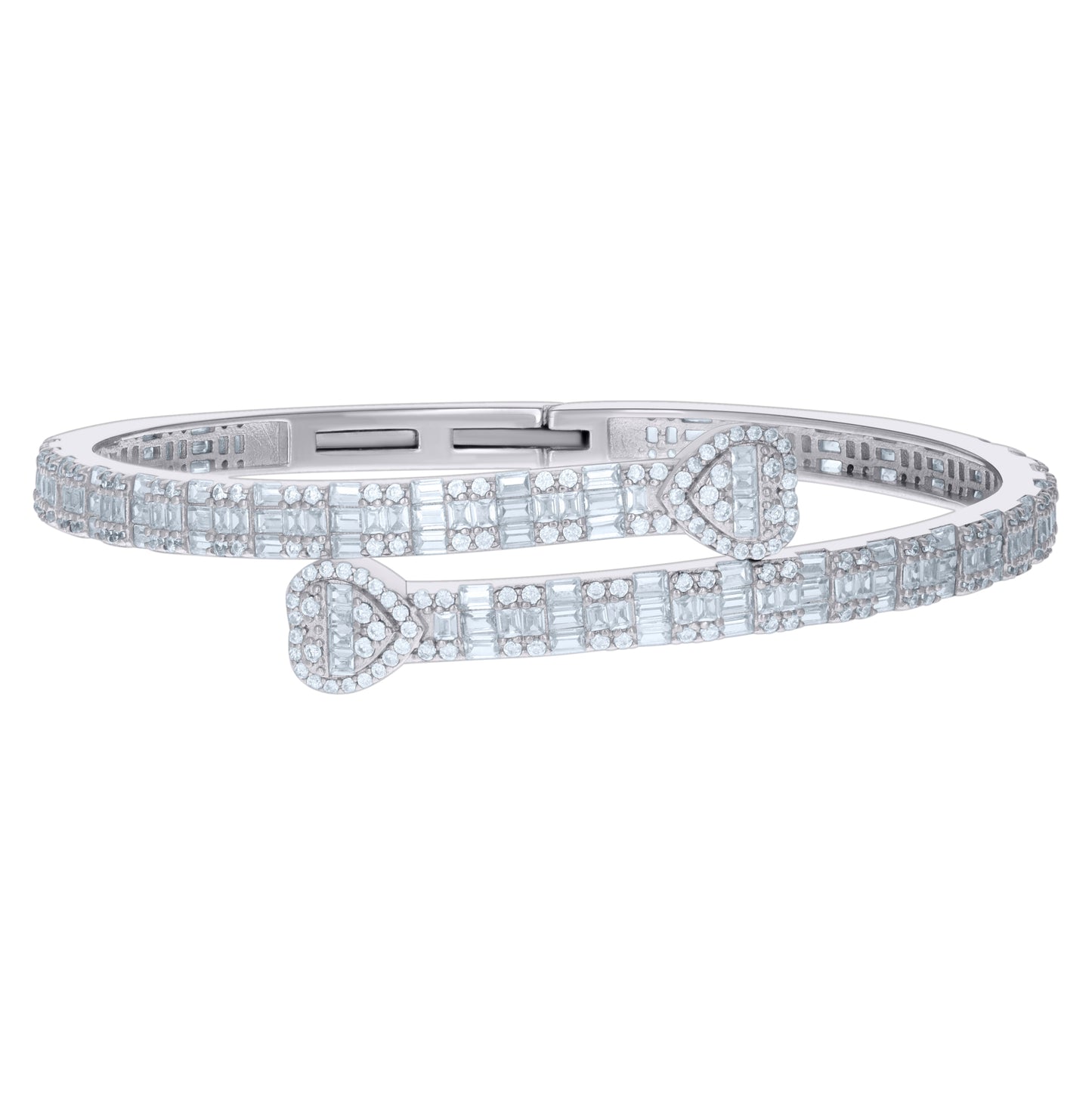 Sterling Silver Womens Baguette Round Cubic-Zirconia Heart Bangle Bracelet