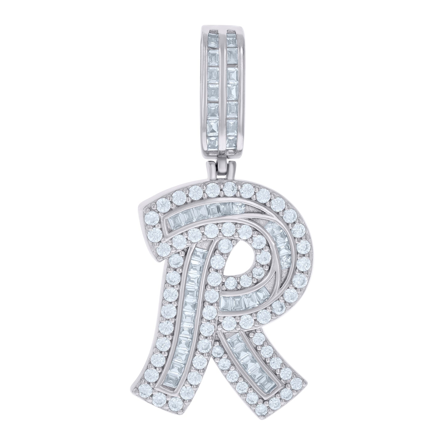 Sterling Silver Unisex Baguette Round Cubic-Zirconia R Alphabet Initials Charm Pendant