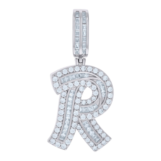 Sterling Silver Unisex Baguette Round Cubic-Zirconia R Alphabet Initials Charm Pendant
