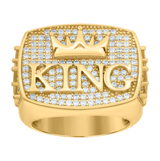 Sterling Silver Yellow-Tone Mens Cubic-Zirconia KING Fashion Bridal Anniversary Wedding Engagement Band Ring