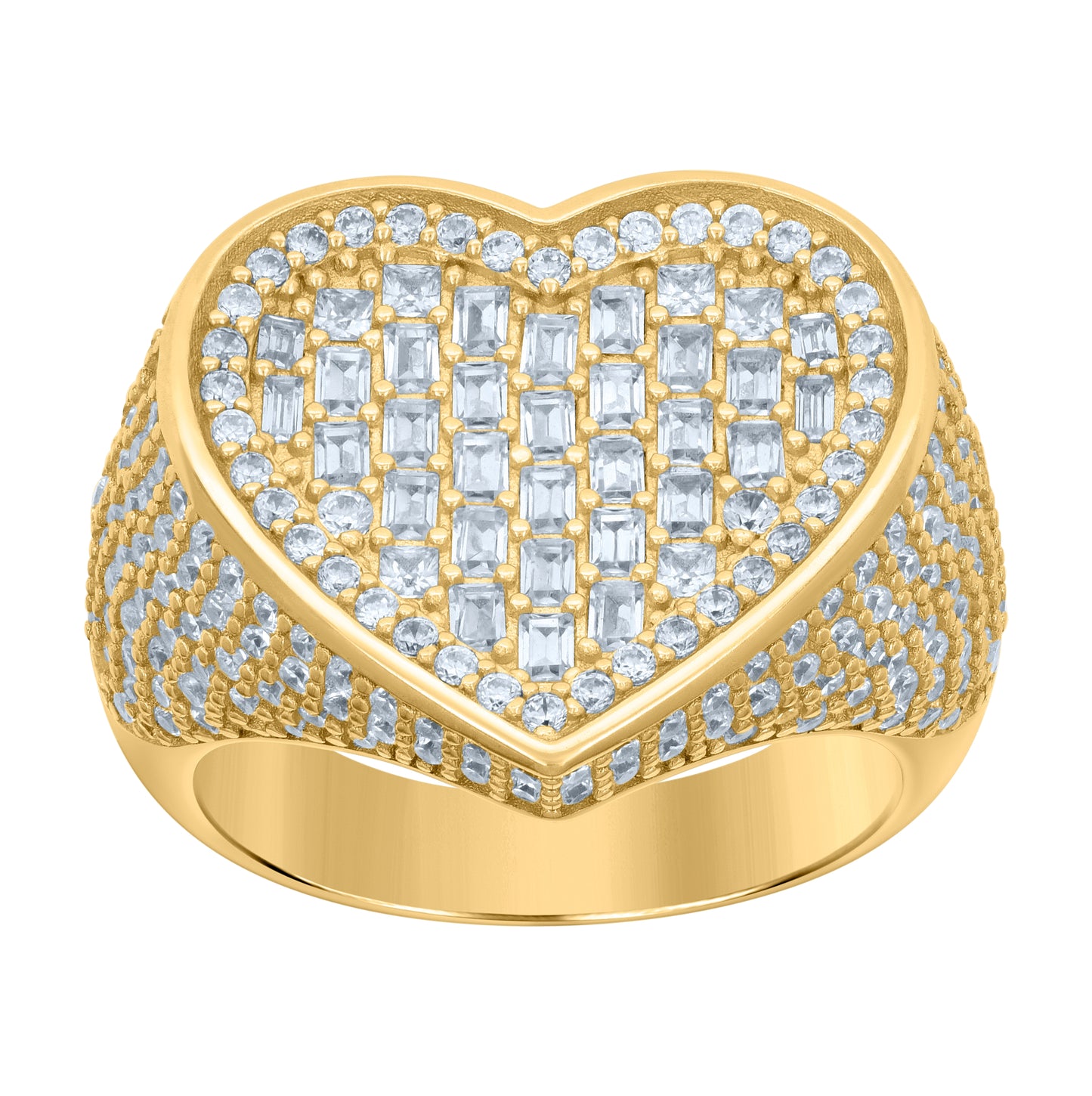 Sterling Silver Yellow-Tone Womens Baguette Round Cubic-Zirconia Heart Bridal Anniversary Wedding Engagement Band Ring