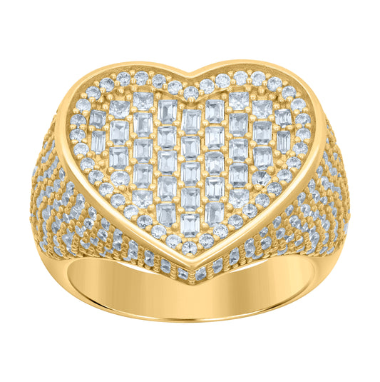Sterling Silver Yellow-Tone Womens Baguette Round Cubic-Zirconia Heart Bridal Anniversary Wedding Engagement Band Ring