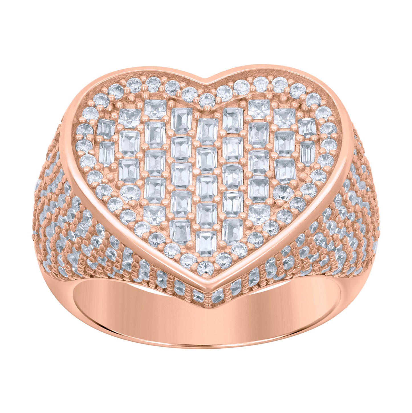 Sterling Silver Rose-tone Womens Baguette Round Cubic-Zirconia Heart Ring Size 10