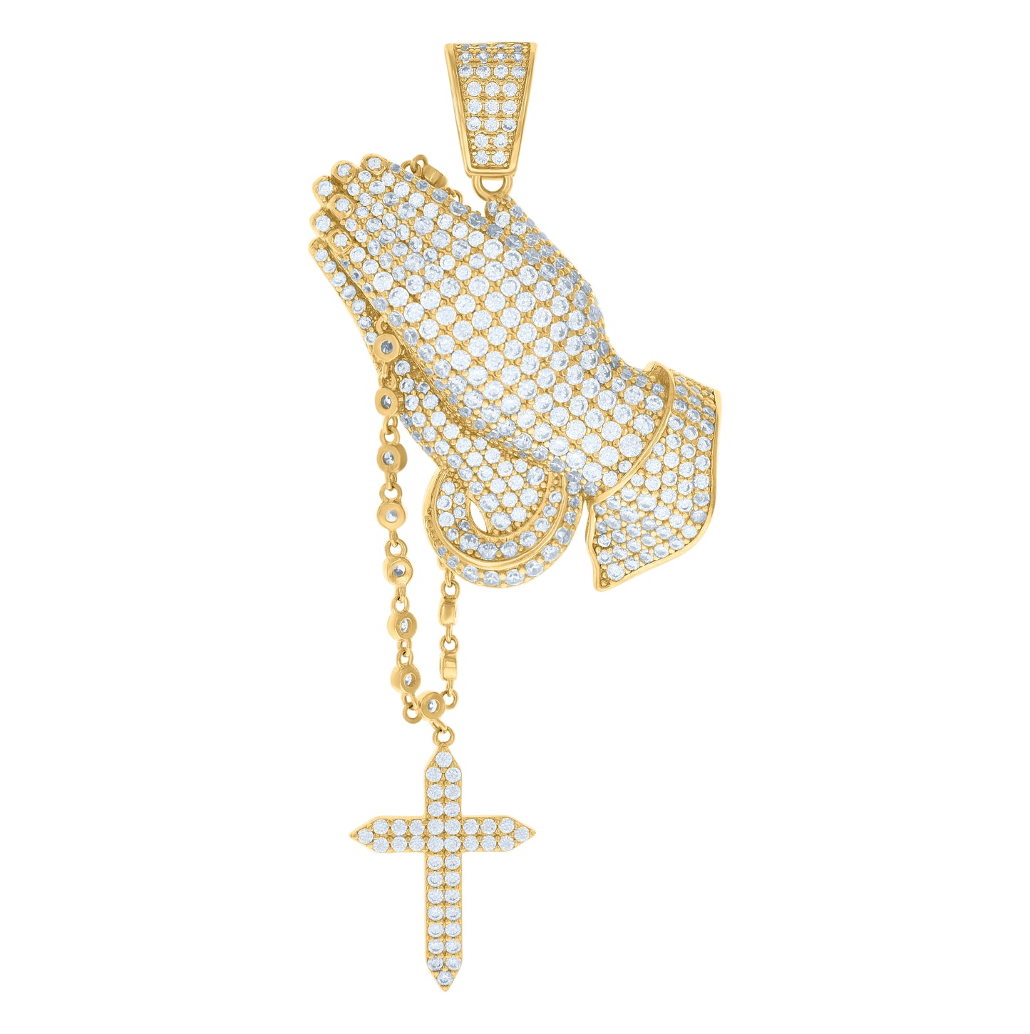 Sterling Silver Mens Cubic-Zirconia Cross Praying Hands Symbol Religious Charm Pendant