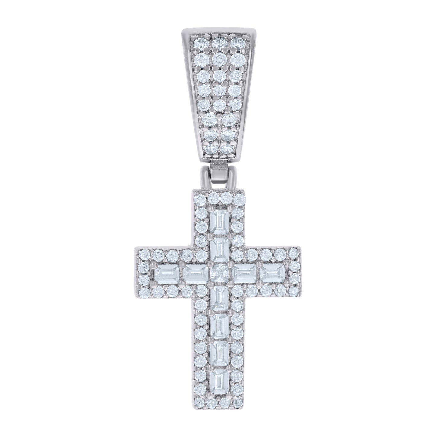 Sterling Silver Mens Baguette Round Cubic-Zirconia Cross Religious Charm Pendant