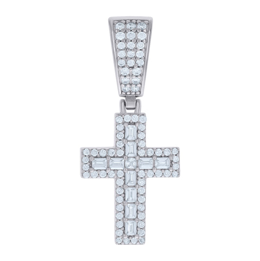 Sterling Silver Mens Baguette Round Cubic-Zirconia Cross Religious Charm Pendant
