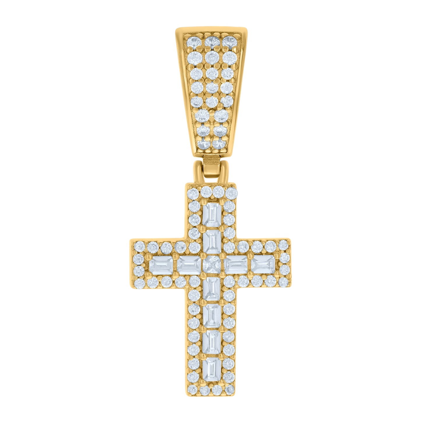 Sterling Silver Mens Baguette Round Cubic-Zirconia Cross Religious Charm Pendant