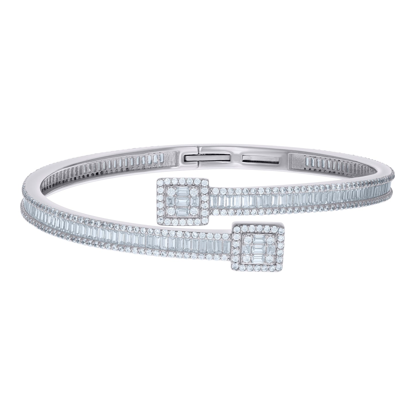 Sterling Silver Womens Baguette Round Cubic-Zirconia Fashion Bangle Bracelet