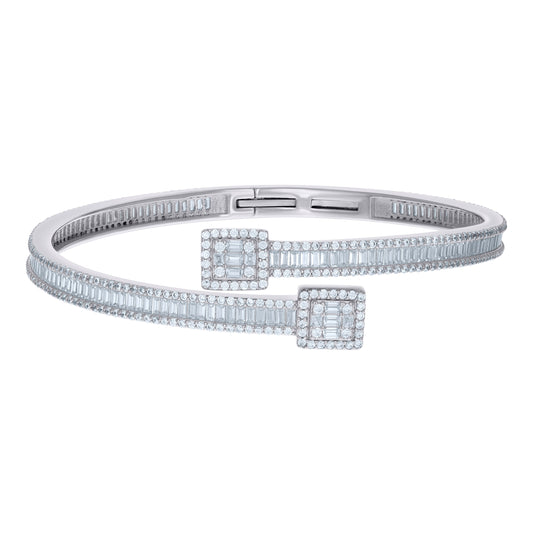 Sterling Silver Womens Baguette Round Cubic-Zirconia Fashion Bangle Bracelet