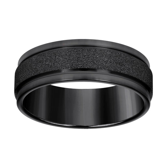 Stainless Steel Black-tone Mens Stone Finish Grooved Comfort-Fit Bridal Anniversary Engagement Wedding Band 8mm