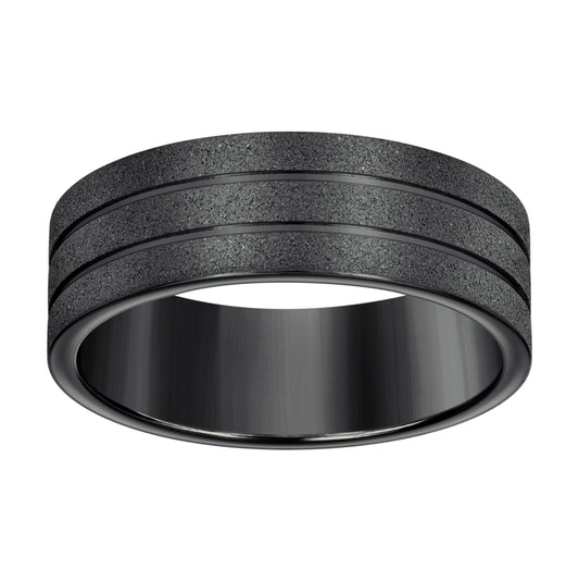 Stainless Steel Black-tone Men's Stone Finish Grooved Comfort-Fit Bridal Anniversary Engagement Wedding Band 8mm