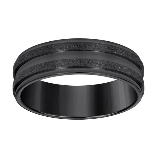 Stainless Steel Black-tone Mens Stone Finish Grooved Comfort-Fit Bridal Anniversary Engagement Wedding Band 7mm