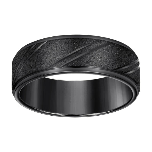 Stainless Steel Black-tone Men's Stone Finish Grooved Comfort-Fit Bridal Anniversary Engagement Wedding Band 8mm