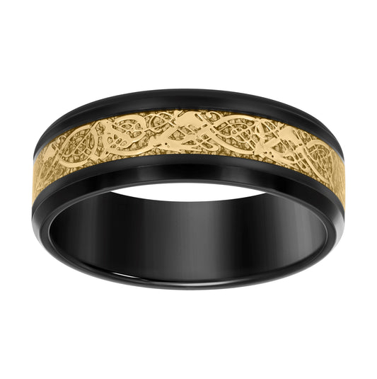 Stainless Steel Yellow & Black-tone Mens Inlay Comfort-Fit Bridal Anniversary Engagement Wedding Band 8mm