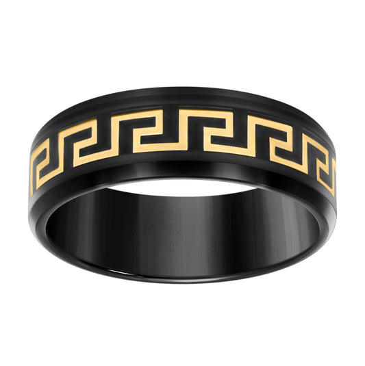 Stainless Steel Yellow & Black-tone Mens Greek Key Inlay Comfort-Fit Bridal Anniversary Engagement Wedding Band 8mm
