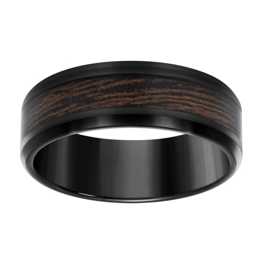 Stainless Steel Black-tone Mens Wood Inlay Comfort-Fit Bridal Anniversary Engagement Wedding Band 8mm