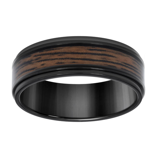 Stainless Steel Black-tone Men's Wood Inlay Comfort-Fit Bridal Anniversary Engagement Wedding Band 8mm