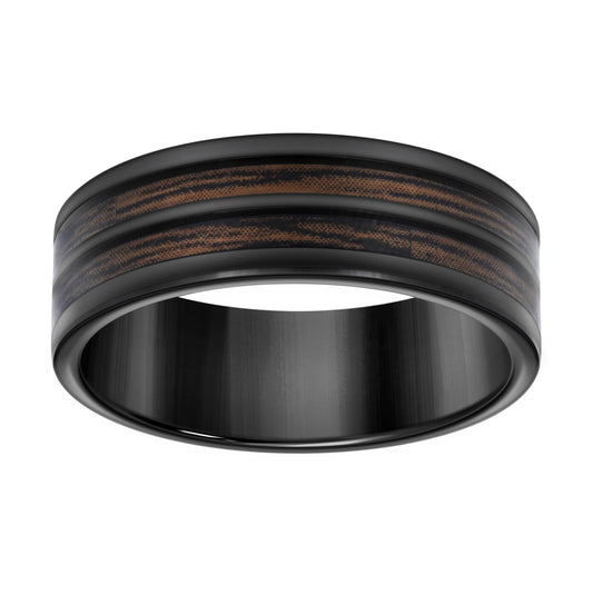 Stainless Steel Black-tone Men's Wood Inlay Comfort-Fit Bridal Anniversary Engagement Wedding Band 8mm