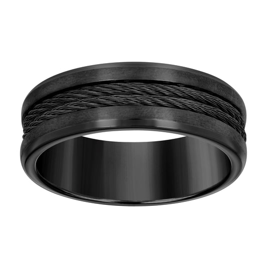 Stainless Steel Or Yellow Tone Or Black-tone Men's Cable Inlay Comfort-Fit Bridal Anniversary Engagement Wedding Band 8mm