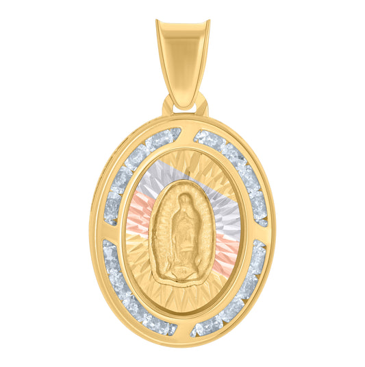 10K Tri-Color Gold Womens Cubic-Zirconia Oval Medallion Guadalupe Religious Charm Pendant