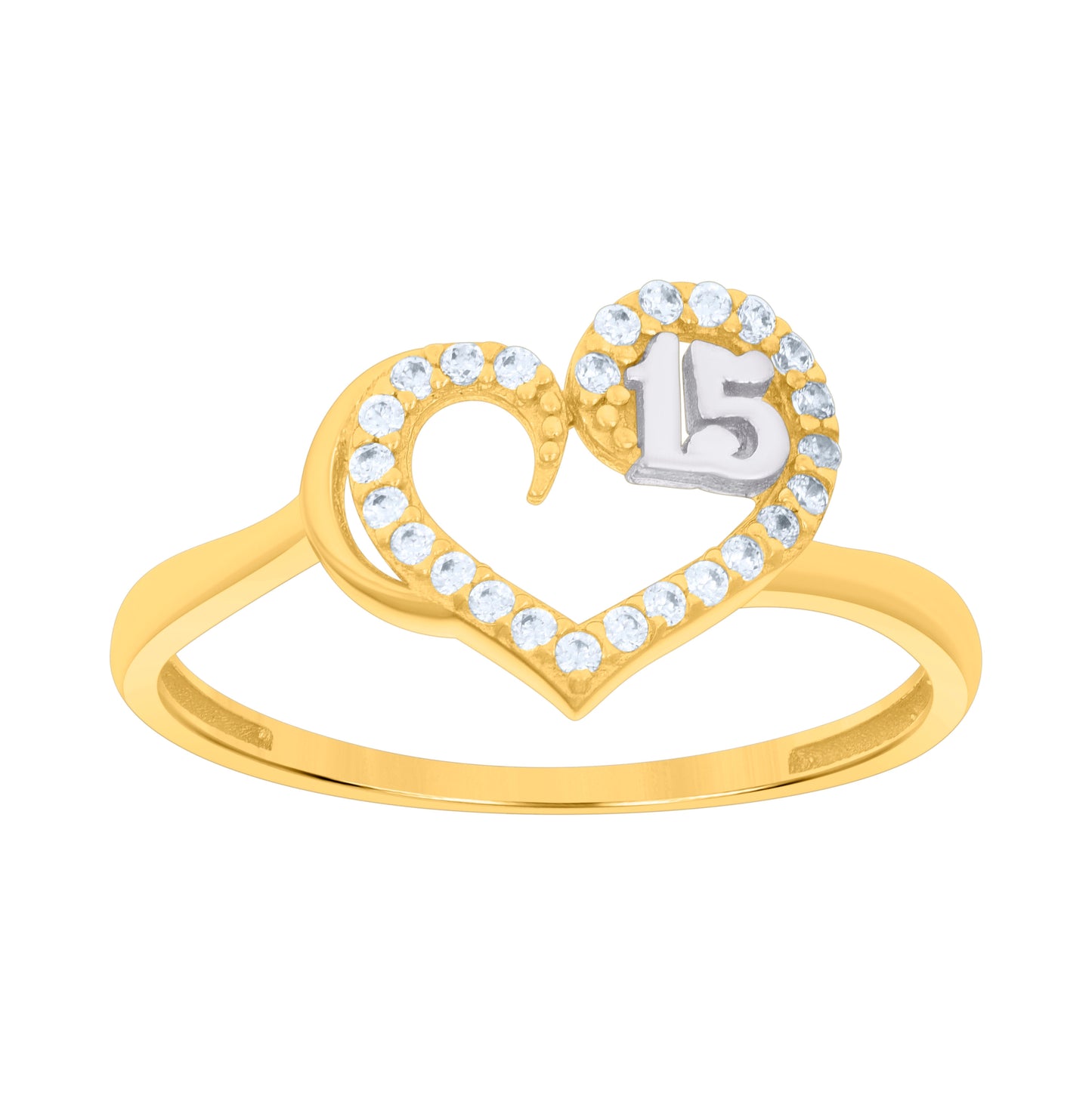 14K Two-tone Gold Womens Cubic-Zirconia Sweet 15 Heart Quinceanera Ring