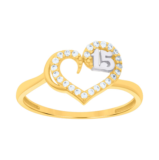 14K Two-tone Gold Womens Cubic-Zirconia Sweet 15 Heart Quinceanera Ring