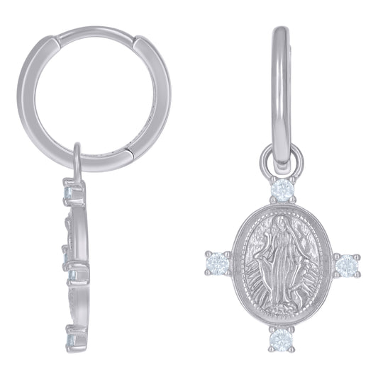 Sterling Silver Womens Cubic-Zirconia Virgin Marry Religious Dangle Hoop Earrings