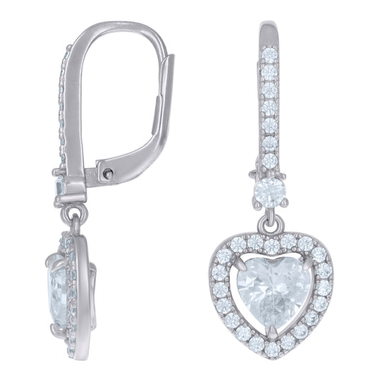 Sterling Silver Womens Heart Round Cubic-Zirconia Heart Danglers Earrings