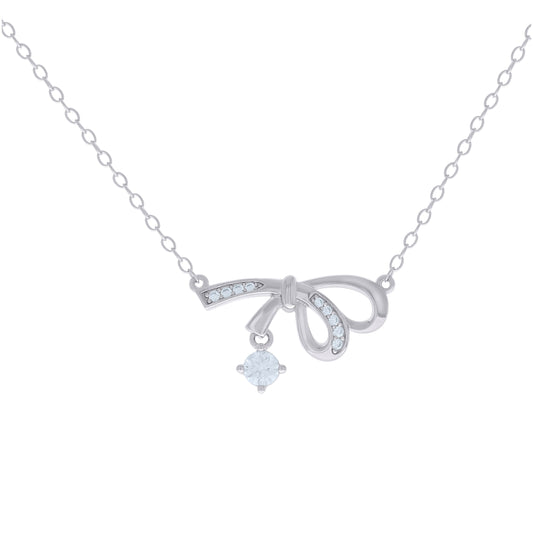 Sterling Silver Womens Cubic-Zirconia Bow Heart Necklace