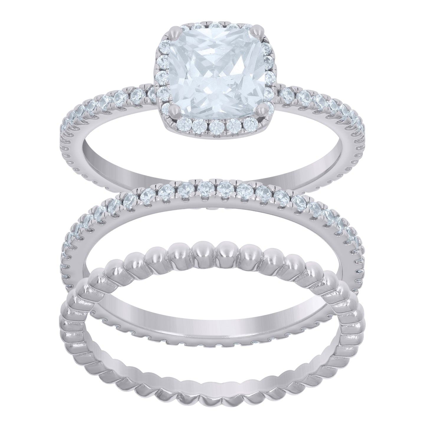 Sterling Silver Cushion-Cut Round Cubic-Zirconia Trio Bridal Anniversary Wedding Engagement Band Ring Set