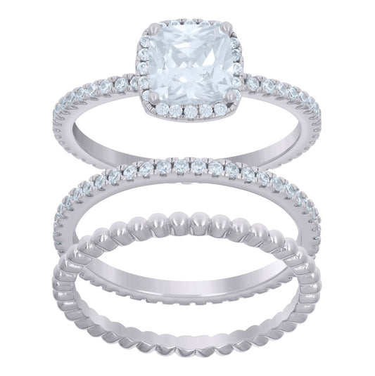 Sterling Silver Cushion-Cut Round Cubic-Zirconia Trio Bridal Anniversary Wedding Engagement Band Ring Set