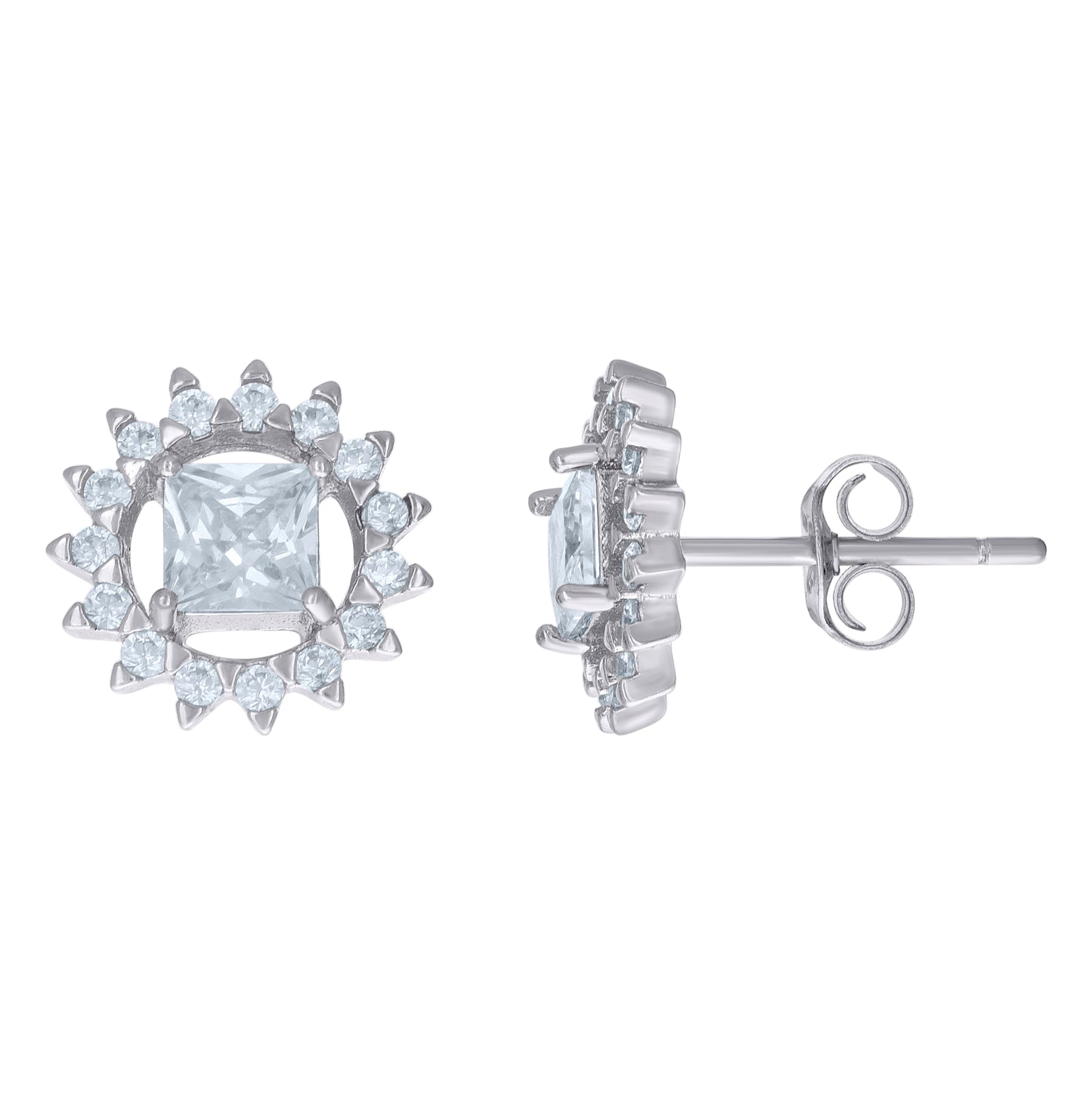 Sterling Silver Womens Princess-cut Round Cubic-Zirconia Flower Stud Earrings