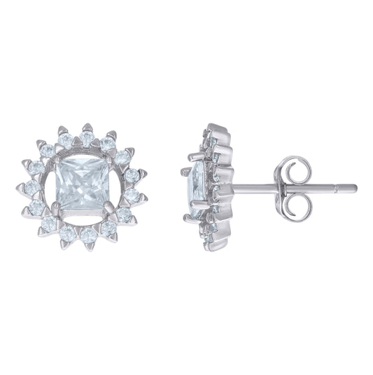 Sterling Silver Womens Princess-cut Round Cubic-Zirconia Flower Stud Earrings