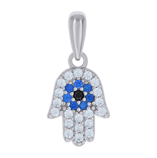 Sterling Silver Unisex White Blue/Black Cubic-Zirconia Hamsa Symbols Religious Charm Pendant