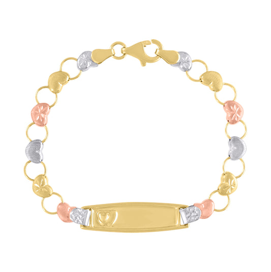 10K Tri-Color Gold Womens Heart Link ID Bracelet Size 6 Inches
