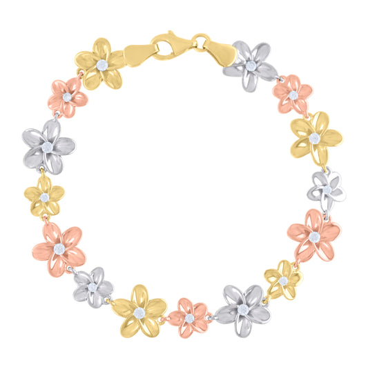10K Tri-Color Gold Womens Cubic-Zirconia Flower Link Fashion Bracelet Size 8 Inches