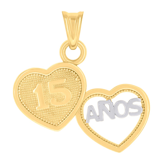 10K Two-tone Gold Womens ANOS 15 Heart Quinceanera Charm Pendant