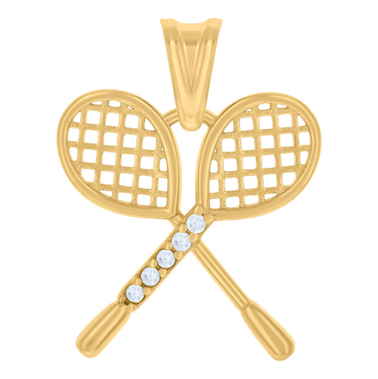 10K Yellow Gold Unisex Cubic-Zirconia Tennis Racket Sports Charm Pendant