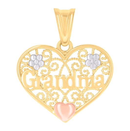 10K Tri-Color Gold Womens Heart Grandma Family Talking Charm Pendant