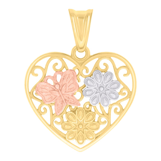 10K Tri-Color Gold Womens Floral Heart Charm Pendant