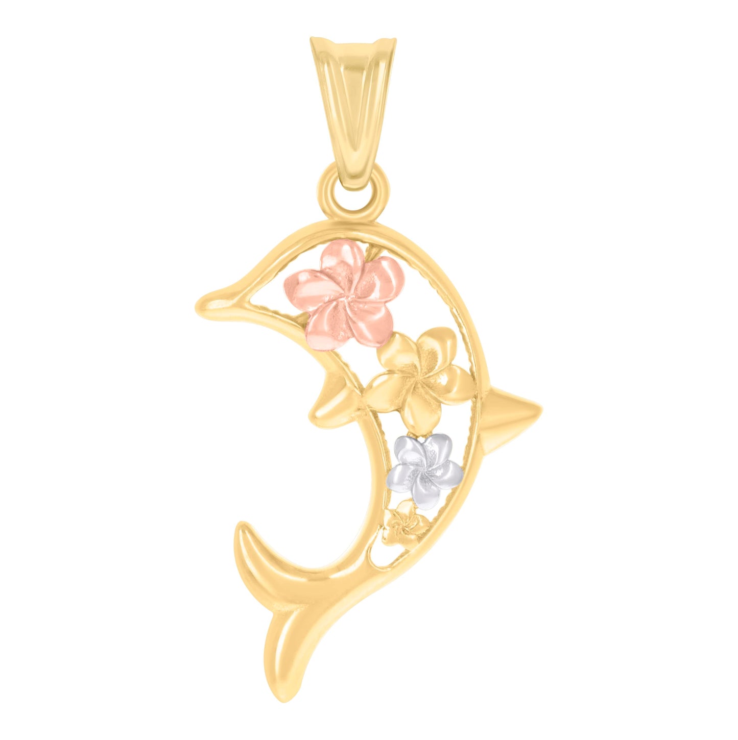 10K Tri-Color Gold Unisex Flower Dolphin Fish Ocean Charm Pendant