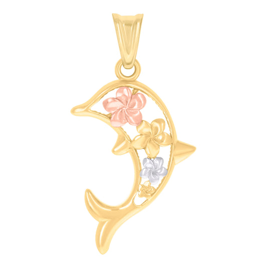 10K Tri-Color Gold Unisex Flower Dolphin Fish Ocean Charm Pendant