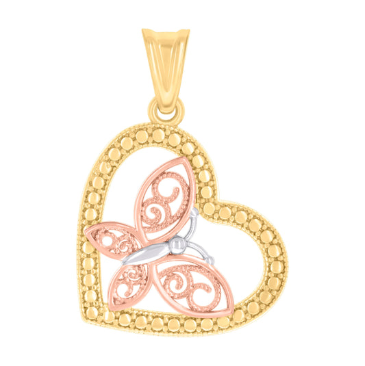 10K Tri-Color Gold Womens Butterfly Heart Charm Pendant