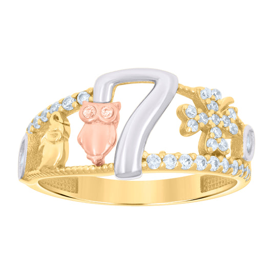 10K Tri-Color Gold Womens Pink White Cubic-Zirconia Elephant Owl Clover 7 Good Luck Ring